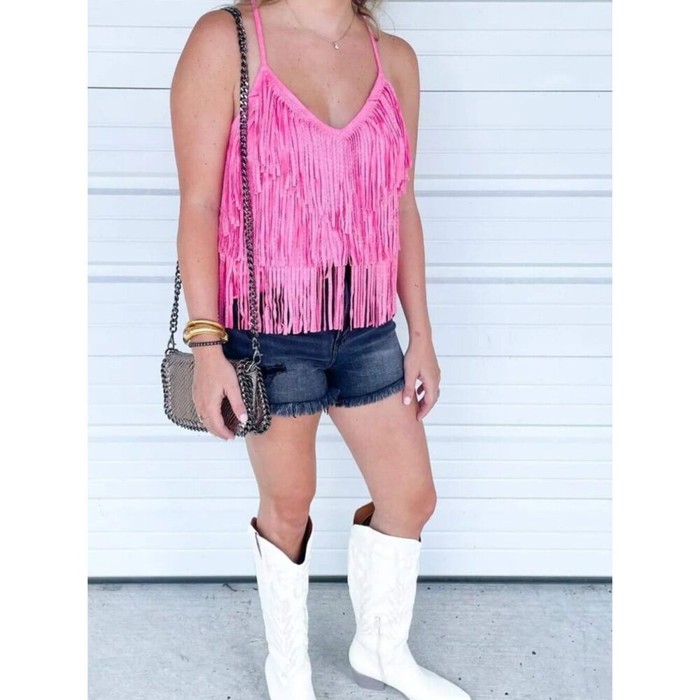 Altared State Studded Faux Suede Fringe Boho Coastal Cowgirl Tank Top Size‎ S